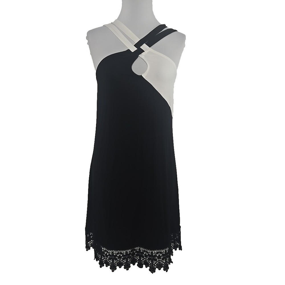 Small Jersey Dress Black White Contrast Crochet Hem Keyhole Strappy Summer Dress
